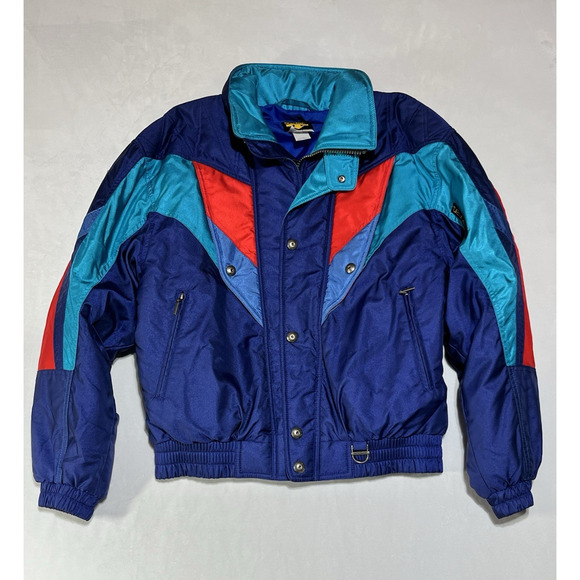 Vintage Descente Ski Jacket Winter Coat Mens Large Full Zip Snap Blue Red Retro